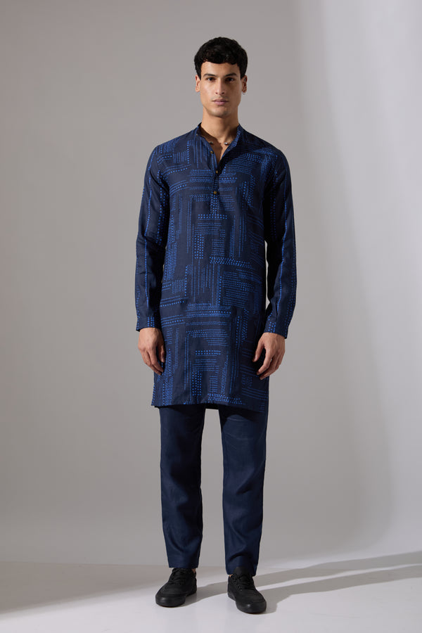 Lucas Shibori and Dots Kurta Set - Navy