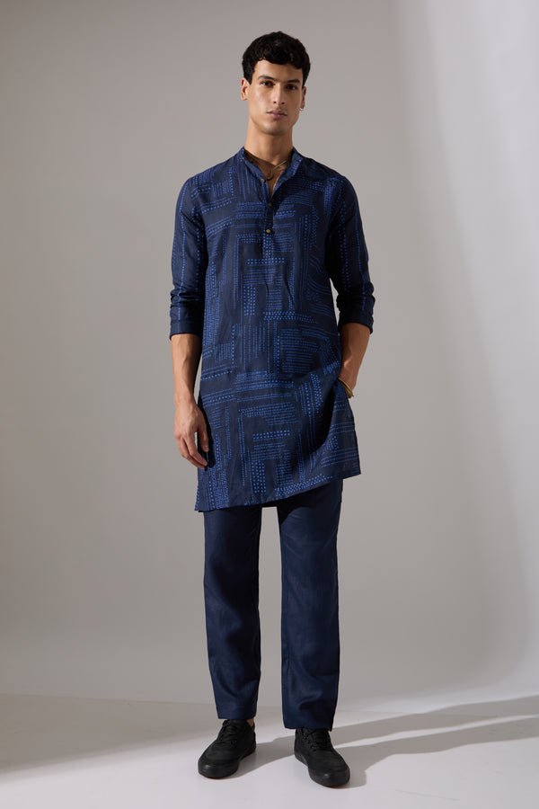 Lucas Shibori and Dots Kurta Set - Navy