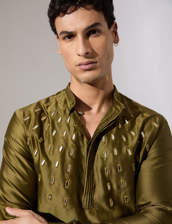 Conrad Hand Embroidered Kurta Set - Olive