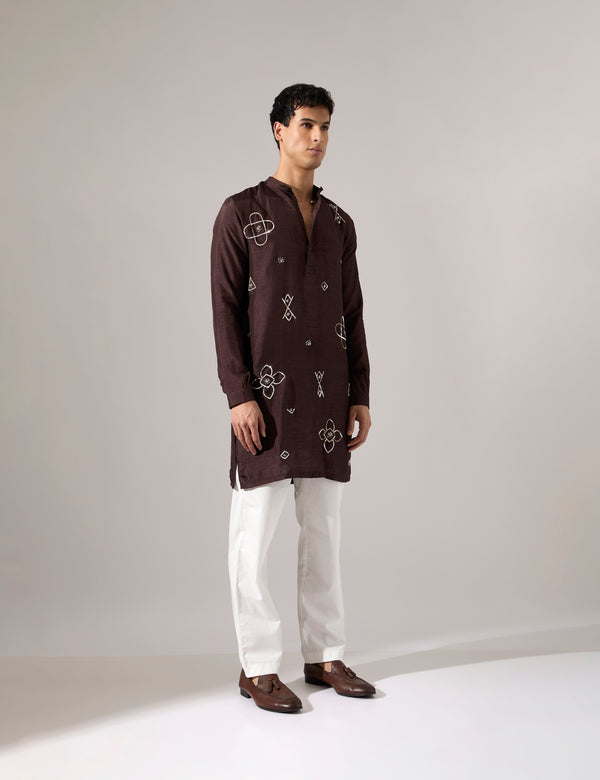 John Hand Embroidered Kurta Set - Brown