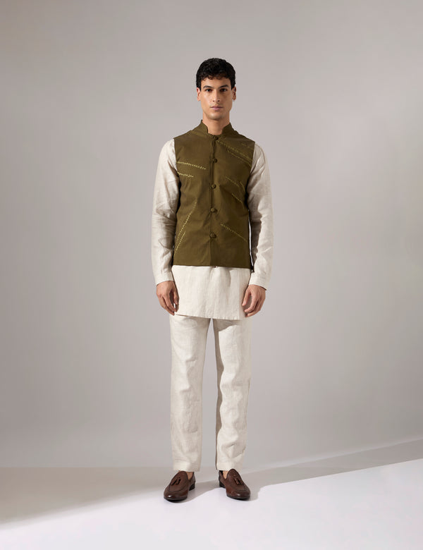 Harry Embroidered Bandi - Olive