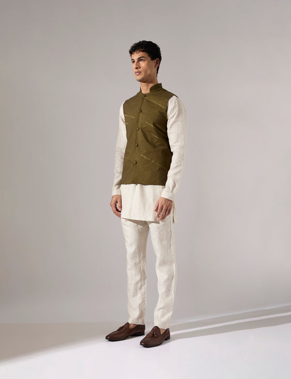 Harry Embroidered Bandi - Olive